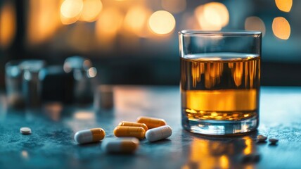 Glass of liquor alongside scattered pills on table, set against dim background