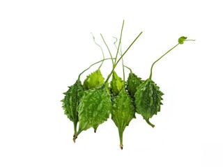 Fresh bitter melon, Momordica Charantia on white background. It grows naturally as food and...