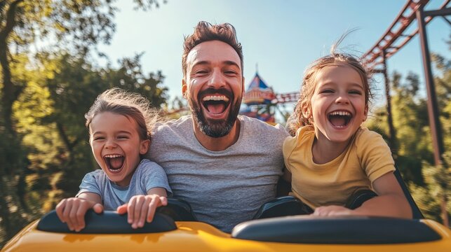 Exciting family adventure  father and kids enjoy thrilling rollercoaster ride at amusement park