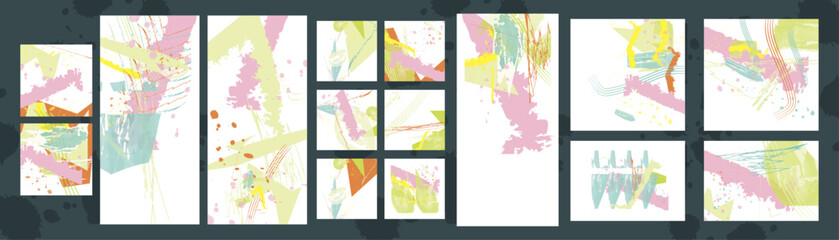 Simple comfortable paint brush soothing pastel muted pale calm tones card templates set. Collection of romantic invitations