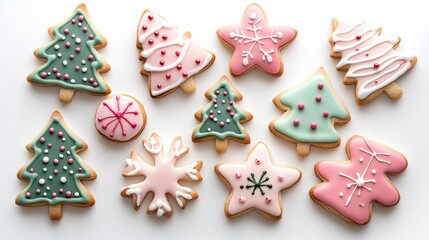 Colorful holiday cookies shaped like Christmas trees, stars, and snowflakes, decorated with icing and sprinkles.