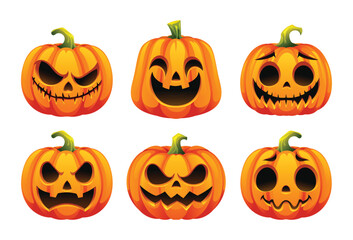Collection of carved pumpkins with various scary and funny expressions, perfect for Halloween themes. Vector cartoon illustration