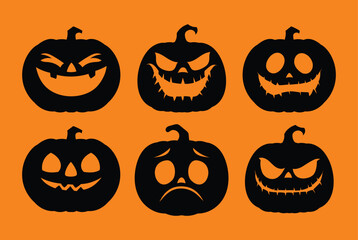 Set of Halloween pumpkin silhouettes with various spooky expressions. Vector cartoon illustration