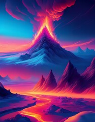 A landscape view of an underground volcanic eruption on an ice-covered barren waste melting away the land