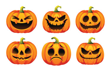 Set of Halloween pumpkins with variety of expressions. Vector cartoon illustration
