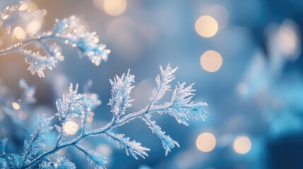 A close-up view of frosted branches with sparkling ice crystals against a soft blue background, creating a winter wonderland atmosphere.