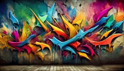 Obraz premium A vibrant graffiti mural featuring dynamic shapes and a splash of colors against a textured wall, exuding creativity and urban art.