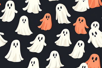 A playful pattern of various cartoon ghosts with expressive faces on a background. The ghosts have wide eyes and open mouths, evoking surprise or fright. Ideal for Halloween designs