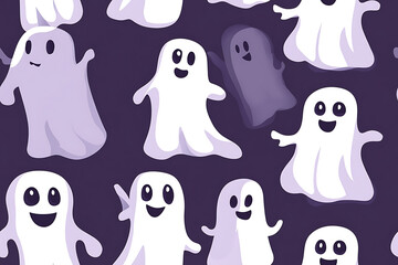 A playful pattern of various cartoon ghosts with expressive faces on a   background. The ghosts have wide eyes and open mouths, evoking surprise or fright. Ideal for Halloween designs. AI-generated