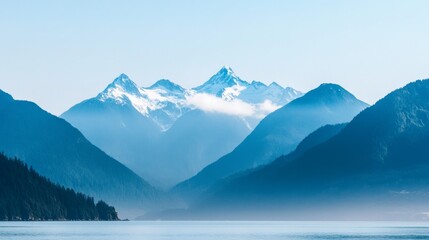 Fototapeta premium Vancouver Mountain Serenity, a tranquil view of Vancouver's majestic mountains framed by a minimalist landscape, showcasing the beauty of nature in a clean and open setting.