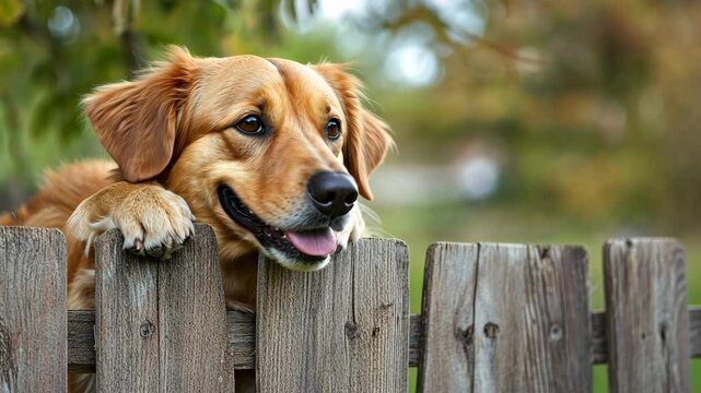 Golden retriever peeking over wooden fence in sunny backyard setting during warm afternoon