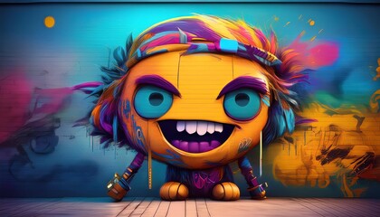 Fototapeta premium A vibrant, cartoonish character with colorful features and a joyful expression, standing against a vividly painted backdrop.