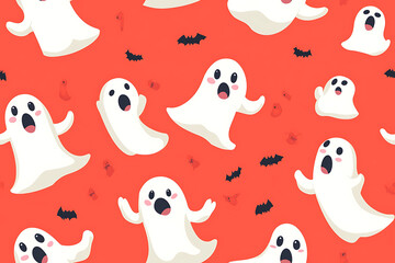 A playful pattern of various cartoon ghosts with expressive faces on a background. The ghosts have wide eyes and open mouths, evoking surprise or fright. Ideal for Halloween designs