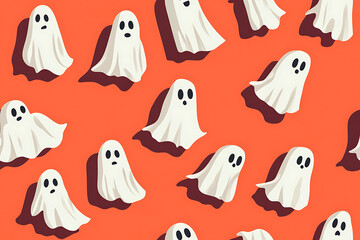 A playful pattern of various cartoon ghosts with expressive faces on a   background. The ghosts have wide eyes and open mouths, evoking surprise or fright. Ideal for Halloween designs. AI-generated