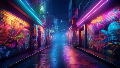Fototapeta premium A vibrant, neon-lit alleyway features colorful graffiti under a misty atmosphere, showcasing urban art and nighttime reflections.