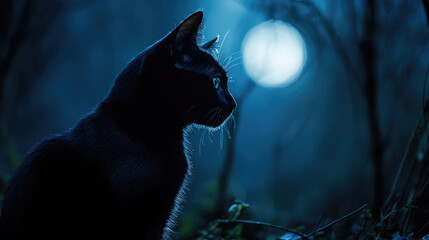 A black cat is sitting in the dark woods, looking up at the moon