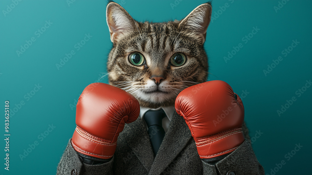 Wall mural ready to rumble: a determined feline in a business suit prepares to take on the competition, embodyi