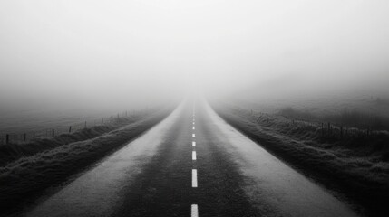 A road with a foggy sky in the background