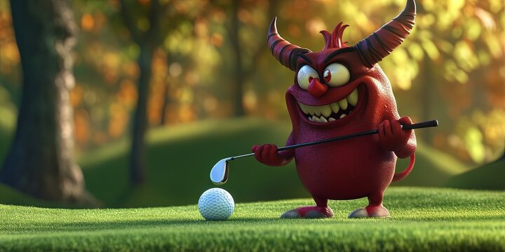 3D animated cartoon devil playing golf