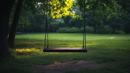A wooden swing is suspended in the air in a park