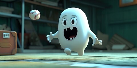 3D animated cartoon ghost playing baseball 