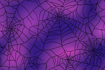 Obraz premium Seamless repeating pattern of cartoon 3D spider webs done in flat style, perfect for Halloween or spooky themed projects, flat line vector style