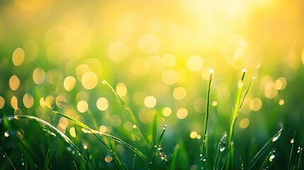 Obraz premium A serene close-up of dewy grass illuminated by soft sunlight, creating a dreamy and tranquil atmosphere, perfect for nature themes.