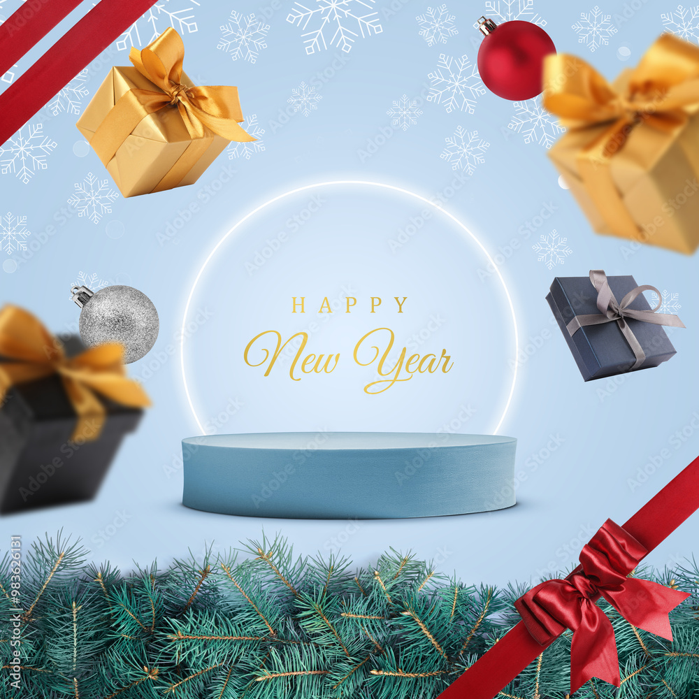 Sticker Stylish New Year greeting card design. Christmas balls and gift boxes falling against podium on light blue background