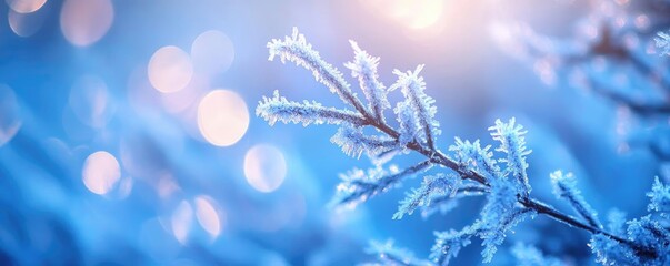 Fototapeta premium A beautiful frosty branch glistens under soft sunlight, surrounded by a dreamy blue background and sparkling bokeh effects.