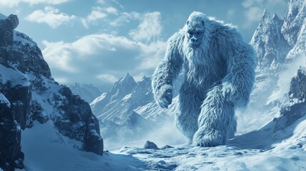 Enigmatic yeti navigating through a breathtaking snowy mountain landscape under clear skies