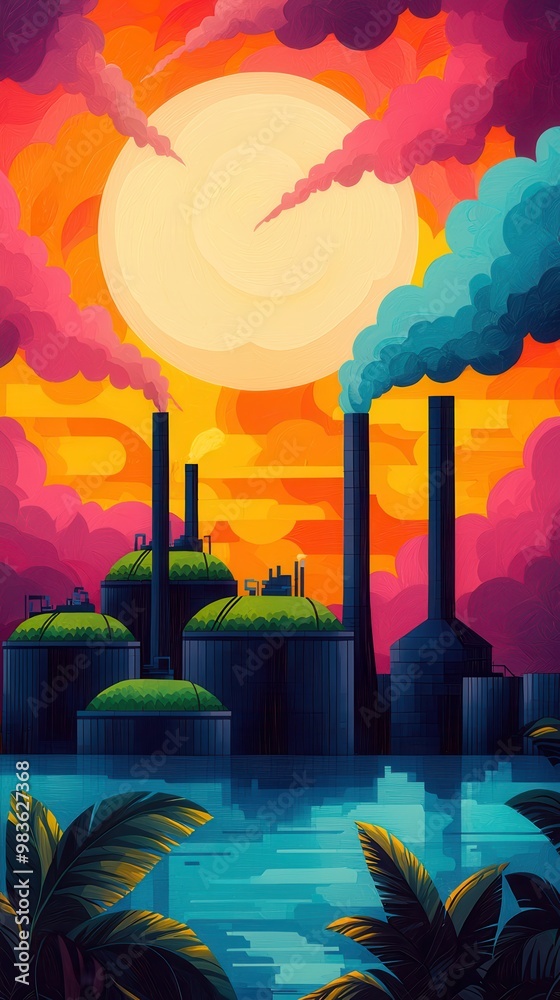 Wall mural Industrial Sunset with Smoke Stacks.