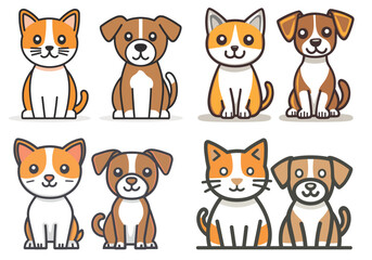 Fototapeta premium Illustration of multiple cats and dogs sitting side by side, drawn in a cute, vector style.
