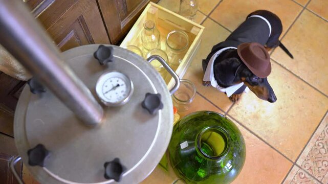 Parody of dog in elegant mafia bootlegger hat at moonshine still making homemade illegal alcohol, looking around, fearing punishment Illegal bar, fake alcohol without license, excise tax Breaking law