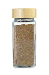 Cumin powder in glass jar isolated on white