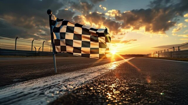 Checkered flag waving on empty racetrack at sunset, capturing essence of victory and speed, with golden glow and lens flare. Perfect for conveying thrill of race and drive for achievement