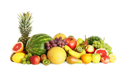 Many fresh ripe fruits isolated on white