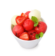 Tasty watermelon and melon balls with strawberries in bowl isolated on white
