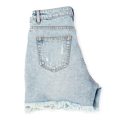 Stylish light blue denim shorts isolated on white, top view