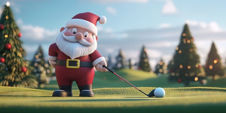 3D animated cartoon Santa playing golf
