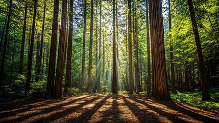 Obraz premium Sunlight streams through the tall trees of a dense forest, creating a path of light and shadow.