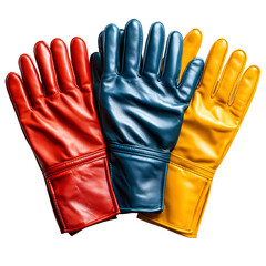 Colorful rubber gloves for gardening, cleaning, and other household tasks, isolated on white background.