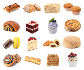 Different pastry isolated on white. Set of cakes, buns and other baked goods