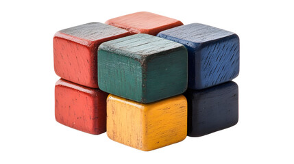 Colorful stacked wooden blocks arranged in a playful design on a white background.