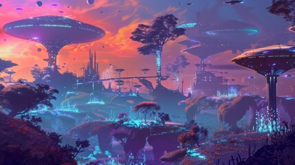 Fototapeta premium Futuristic Cityscape with Flying Ships