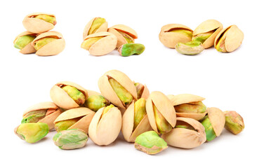 Delicious pistachios isolated on white, set. Tasty nut