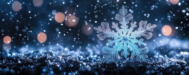 Fototapeta premium A beautiful snowflake glistens against a blurred winter background with soft blue and orange lights, creating a serene atmosphere.