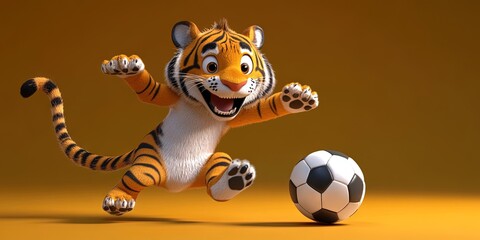3D animated cartoon tiger playing soccer 