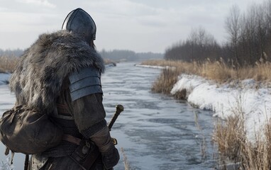 Naklejka premium Ancient echoes - Scandinavian spirit embodied in Viking warrior, resilient cold-climate dweller, navigating harsh landscapes with indomitable courage, timeless heritage, a rich cultural legacy.