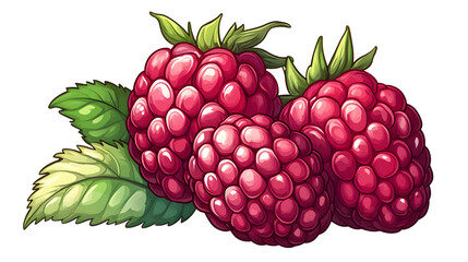Ripe raspberries with green leaves on a white isolated background.