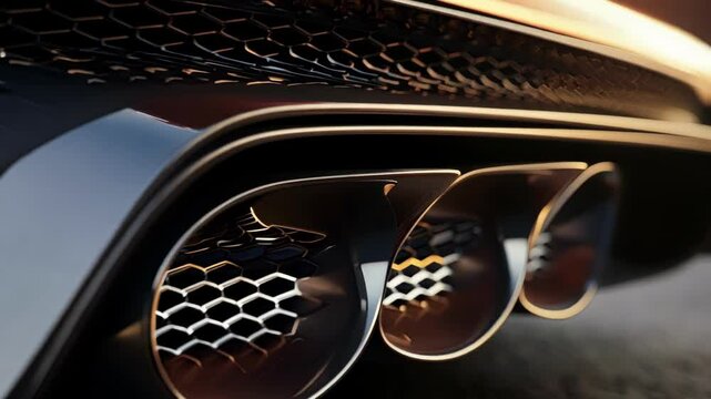 The high end car's gleaming exhaust pipes feature a stylish honeycomb mesh pattern. Hinting at power and luxury. With chrome and metal details creating a sleek